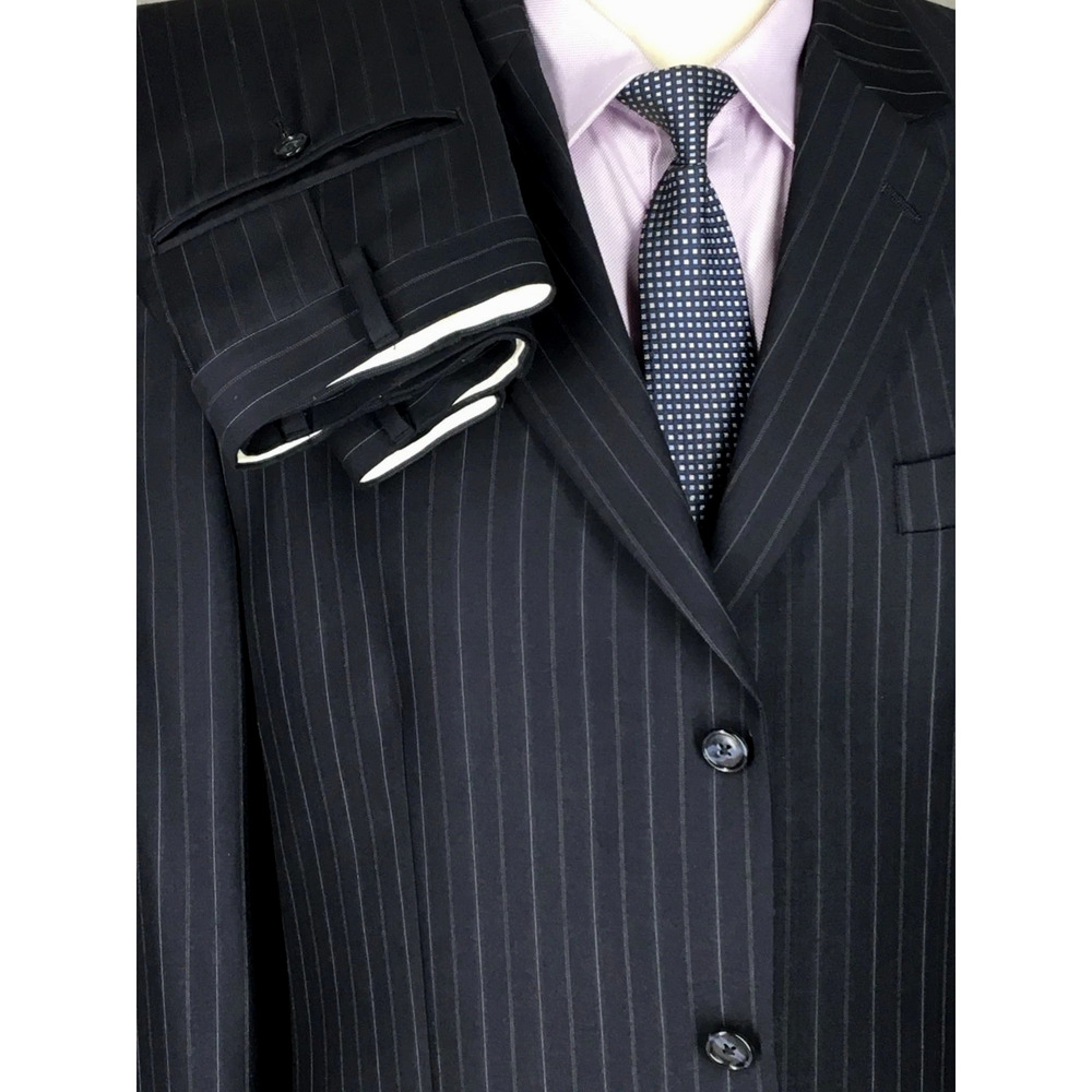 44R Chaps Ralph Lauren Mens 3 Button 100% Wool Suit Pinstripe Black Pants 36